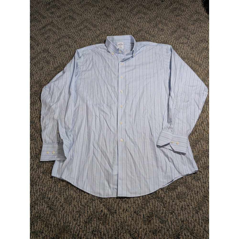 Brooks Brothers 346 Mens 17 34/35 Slim Fit Non-Iron Cotton Blue Check Shirt